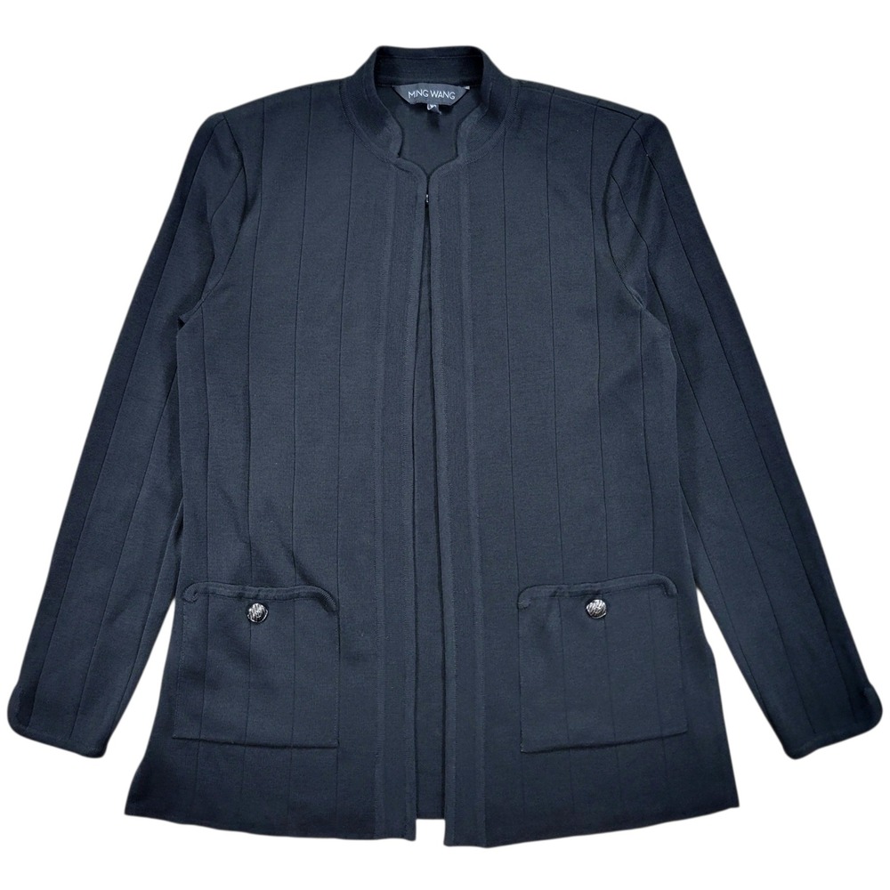 Ming Wang Knit Jacket‎ Women XS Black Ribbed Open Career Professional Mature